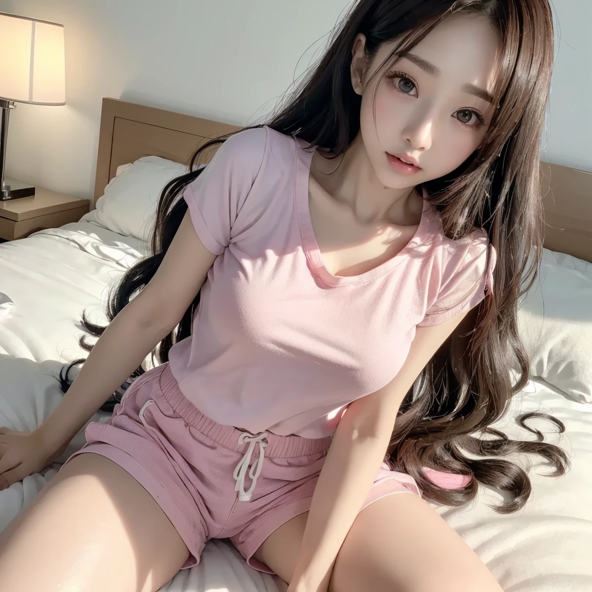 Mix 4, (8k, RAW Photos, Best image quality, masterpiece: 1.45), (Genuine, photoGenuineistic、photoGenuineistic:1.37、1080.1), 一人のgirl、cute、darkness、Wet、Professional Lighting、Photon Mapping、Physically Based Rendering、Gradient black hair、Long Curly Hair、good looking、girl、 Highest quality photos, High resolution, 47p, (cute face), (Detailed face description)、(Detailed Hand Explanation), (masterpiece), (Detailed CG), Extreme light and shadow, masterpiece, Rich details, (Detailed facial features), (Best image qualityの紴), (masterpiece), (fine grain), Looking at the camera, Thin clavicle, (Condescending look)、, Highly detailed face, Lips Detail, fine grain, double eyelid ,5 years old 、korean little girl:1.8、No makeup、Full body image、Wavy Hair、Genuineの人間、(Sitting on the bed:1.5)、(白のT-shirt:1.5)、(Pink shorts:1.5)、(Duck mouth),spread legs、(woman on top:1.5)