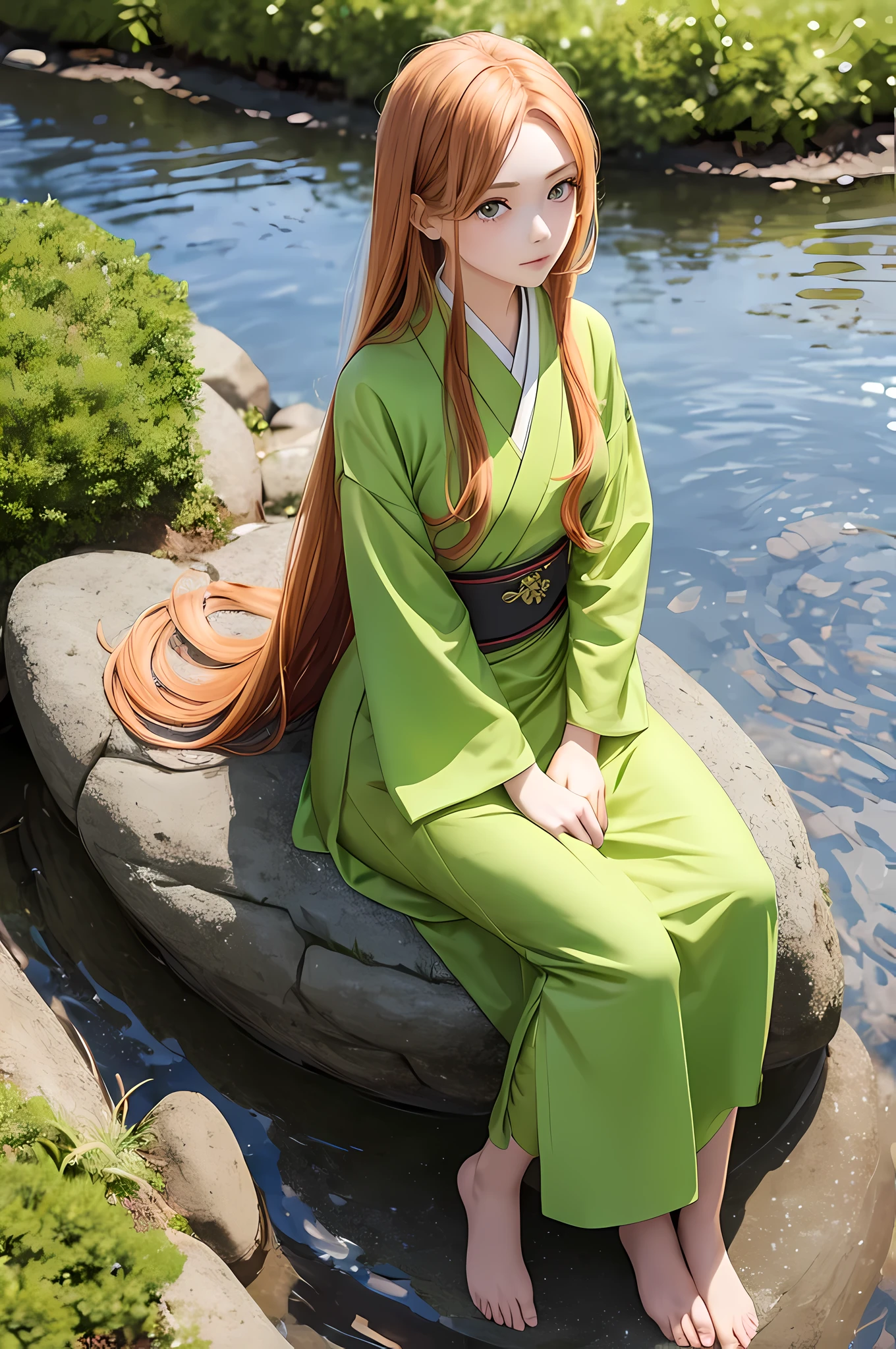 1 girl, long ginger hair, green eyes, wearing a light green hanfu dress, sitting on a rock, pond