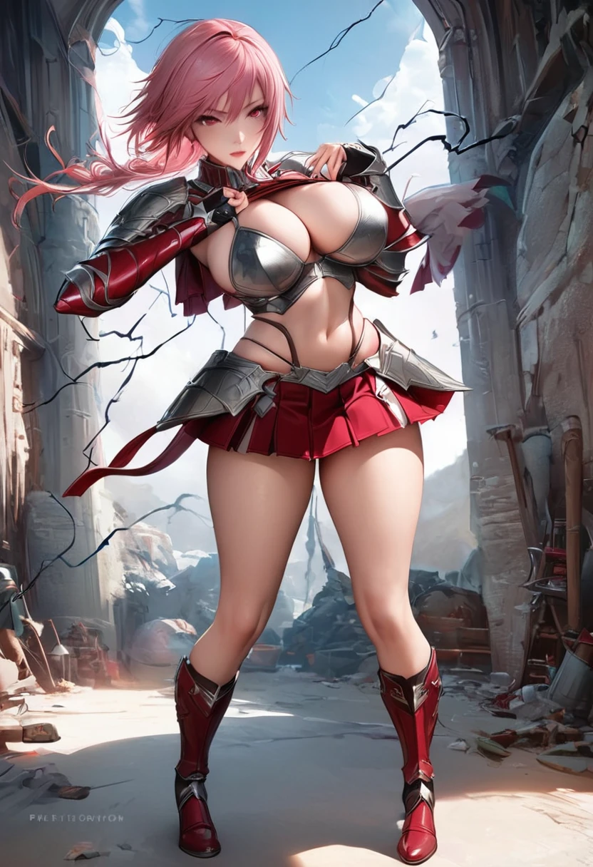 (masterpiece),(best quality:1.0), (ultra highres:1.0), detailed illustration, 8k, anime, 1girl, pretty pose, pretty face, detailed face, beautiful eyes, best quality,ultra-detailed,realistic,Final Fantasy 13 character (((Lightning Farron))) in (metal bikini armor),sexy legs, large breasts, pink hair, very small dark red pleated micro skirt, voluptuous, ((FULL BODY VIEW)), (Cute standing pose),