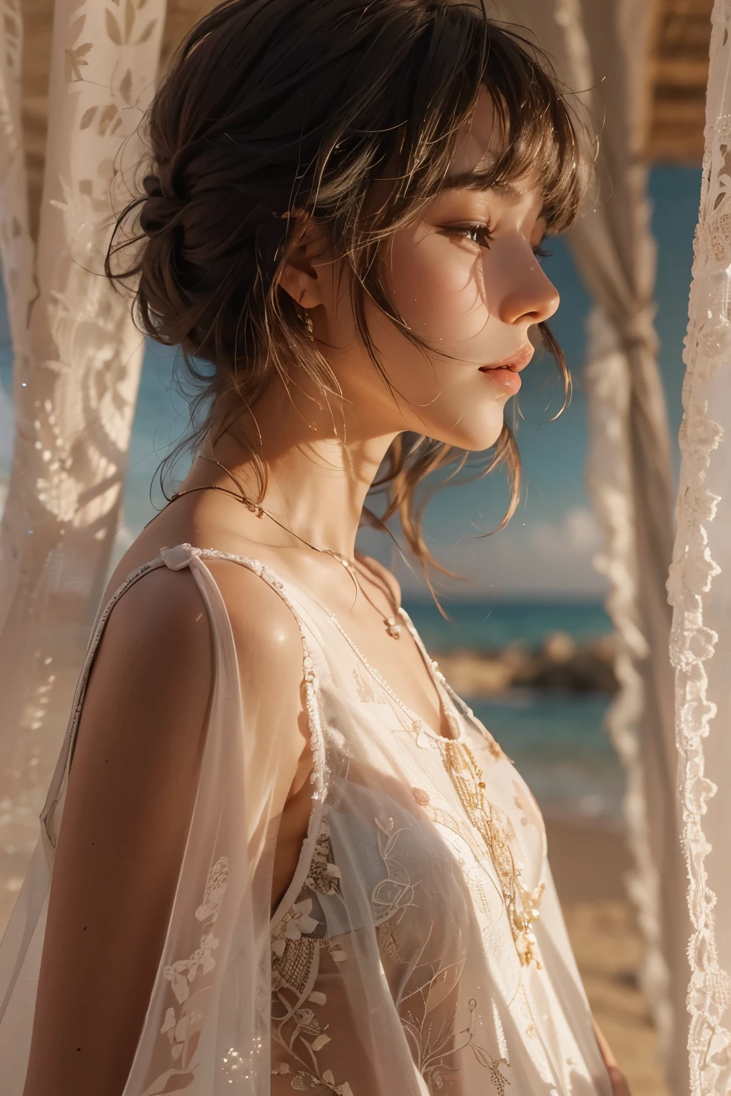 Araped woman with short hair, No makeup, without makeup, Centrally separated curtain bangs, Profile picture, Use Instagram Filters, Subtle soft and dim light, Pose looking back at the beach, sandy beach, tide, perfect face, julia sardinian, perfect hands, Random Actions, emerald sea, clear sky, Full-body view,
