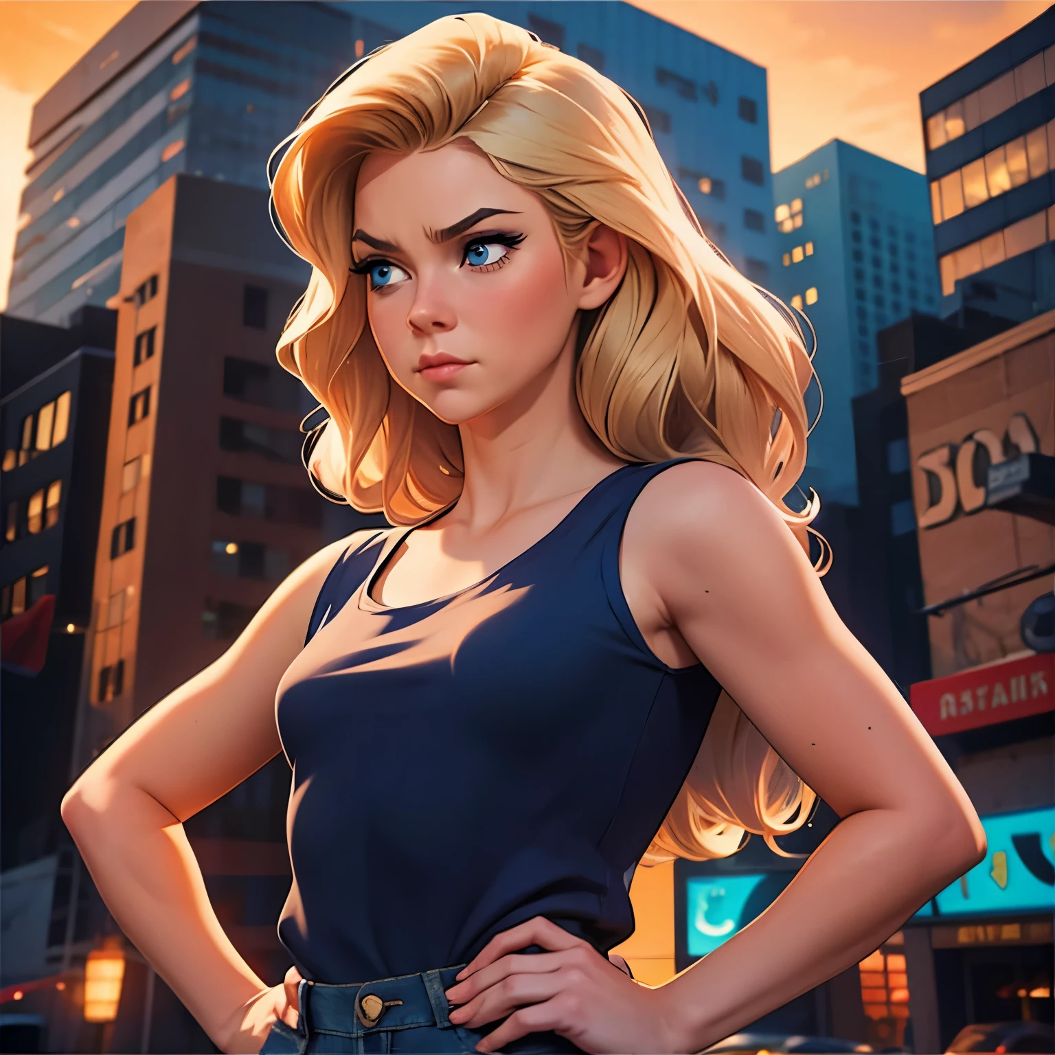 dramatic comic-book style,  realistic. a  blonde woman, blue eyes, chubby cheeks, full face. medium length straight hair over one shoulder. she wears a dark blue shirt with gold trim, wine colored bell bottoms. she stands straight backed, hands on hips. a stern expression on her face. city background. emphasize her hair swept over one shoulder, leaving the other shoulder bare. emphasize that she is an adult, (((small breasts )))