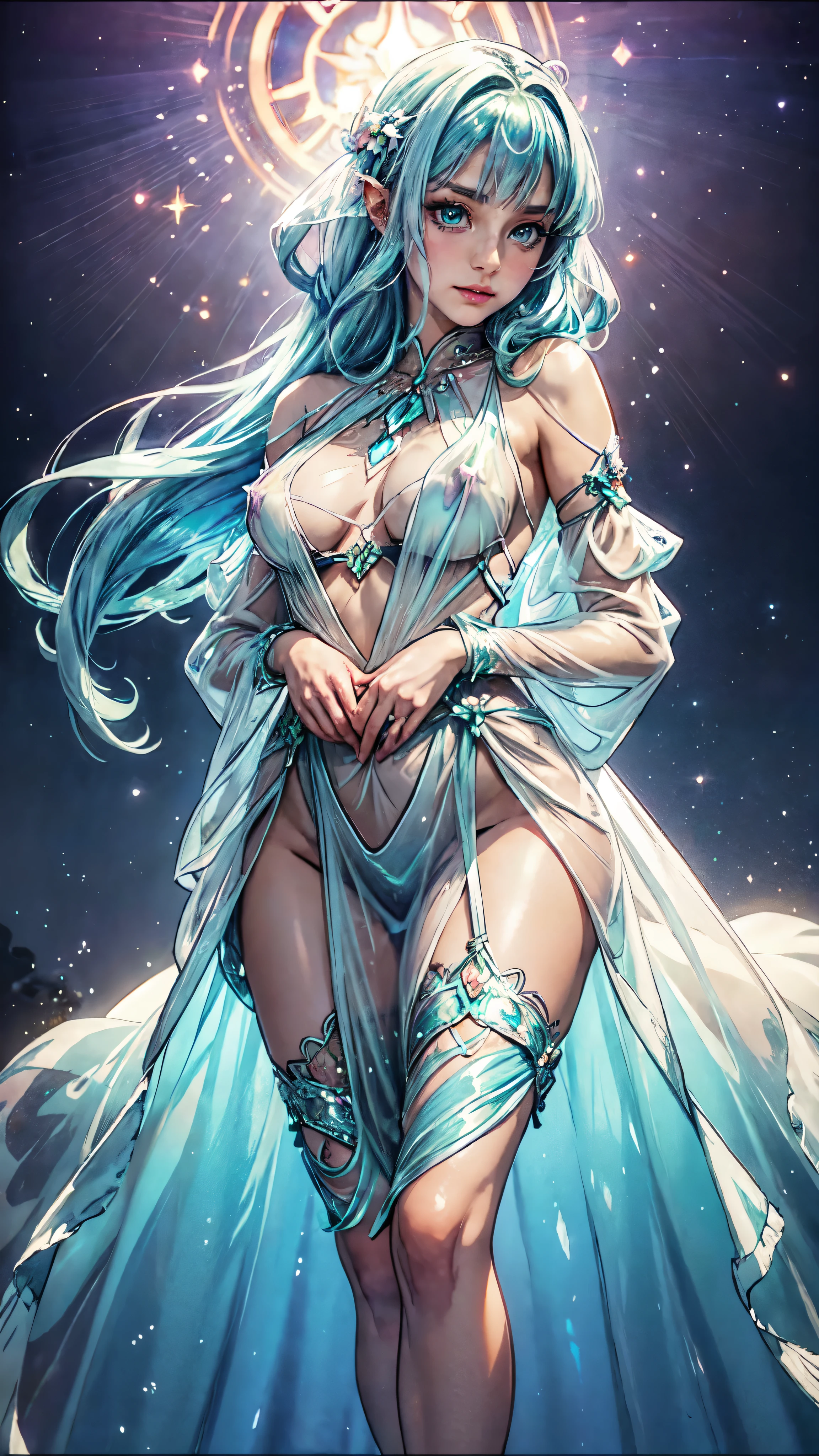 Beautiful girl story wrapped in love, Beautiful eye details, A captivating anime girl gracefully emerges from the pages of a watercolor painting, Her vivid and complex colors are, Bring your artwork to life, (see-through transparent clothes, Transparent costume:1.5), She dons an extraordinary fantasy costume adorned with delicate details, reflecting the enchanting world she inhabits, Luminescent elements, like glowing crystals and ethereal wisps, surround her, casting a soft, otherworldly glow, The style of watercolor painting is、Imbues the image with a sense of fluidity and delicacy, as if the colors are effortlessly blending and bleeding into one another, Camera shot: medium shot, Soft Focus, Luminescent glow illumination, watercolor brushstrokes, Sophisticated and very delicate anime illustration, unique colors, Portrait of an anime girl, infinite love, Irridescent color, beautiful girl illuminated by seven colors of light,