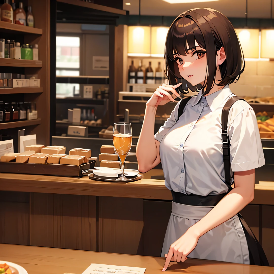 A 27-year-old Italian girl with short brown hair with bangs on the left side of her face and who works as a waitress.