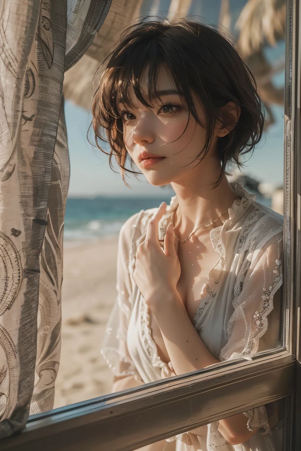 Araped woman with short hair, No makeup, without makeup, Centrally separated curtain bangs, Profile picture, Use Instagram Filters, Subtle soft and dim light, Pose looking back at the beach, sandy beach, tide, perfect face, julia sardinian, perfect hands, Random Actions, emerald sea, clear sky, Full-body view,