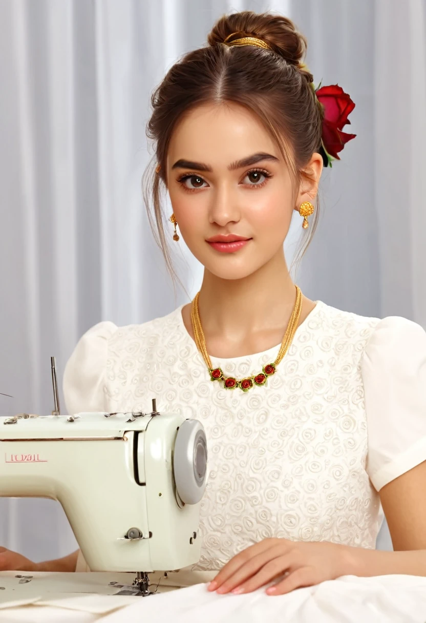 8k resolution , high quality photo, close up at viewer, focus mode , hyper realistic , A beautiful young girl , sewing with sewing machine, Details: Facial features: The girl's face is radiant and youthful, with delicate features and captivating eyes that sparkle with warmth and intelligence. Her hair is long and styled in a messy bun adorned with fresh rose and secured with a gold pin, adding a touch of elegance and whimsy, she wears ivory shirt with round neck, dew drop earrings and gold necklace,