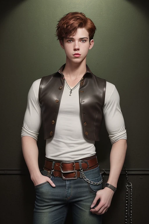Matthew Underwood 20 year old boy without freckles reddish brown hair dark military cut black vest Steampunk white shirt green eyes red shirt wolf print muscular build athletic slim blue jeans with chains black leather belt silver buckle background of New Orleans at night looking straight at the viewer