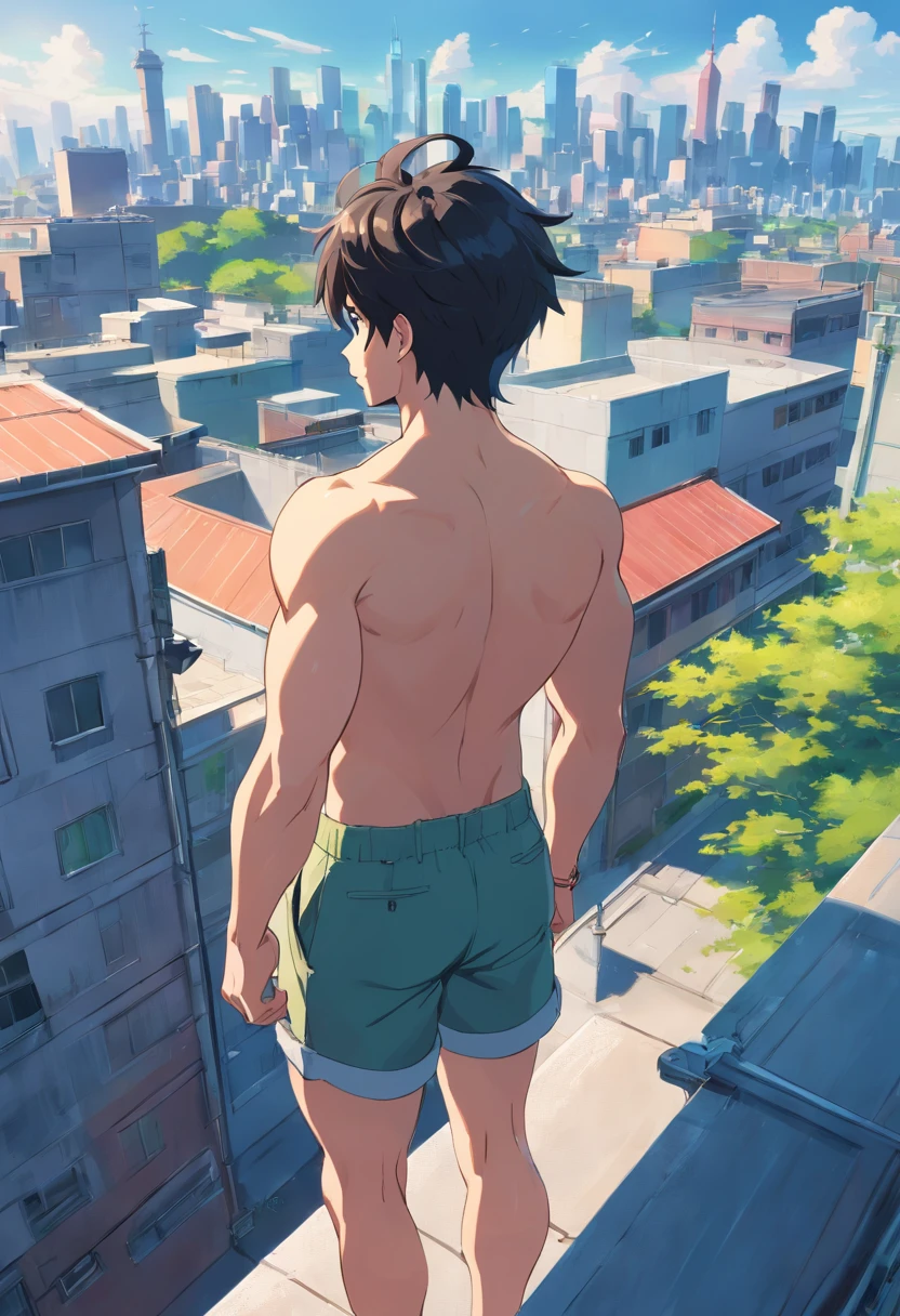 From behind we see a 30-year-old man, short black hair from splendid to the camera standing Shirtless 30-year-old man looks at a city fence from the top of the school roof Sadly pensive, muscular, muscle