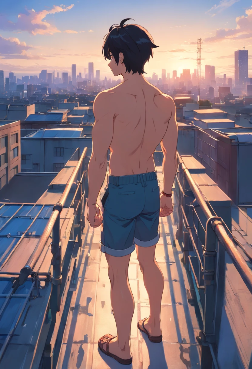From behind we see a 30-year-old man, short black hair from splendid to the camera standing Shirtless 30-year-old man looks at a city fence from the top of the school roof Sadly pensive, muscular, muscle