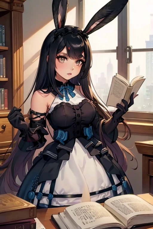 A black haired woman with brown eyes with an hourglass figure with black bunny ears in a cute ta is reading a book