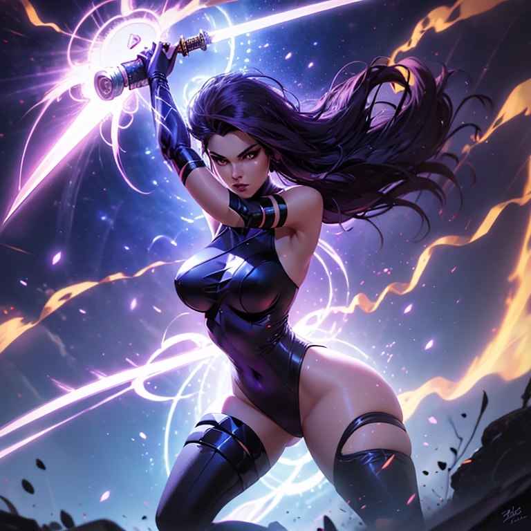 Psylocke, the enchanting sorceress with a big and beautiful face, wields a gleaming sword. Surrounded by a spectacle of swirling colors and radiant energy, her image creates a mesmerizing scene. With a graceful stance, she exudes confidence and power, her eyes gleaming with intelligence and determination. The background is filled with dazzling effects, as if the very fabric of reality is bending to her will, adding to the enigma and allure of this formidable figure.