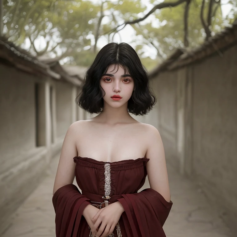 A 15-year-old girl of surprising beauty, con cabello negro corto cayendo suavemente sobre sus hombros, labios intensamente rojos y ojos color miel que parecen brillar. Her pale skin highlights her aura in an ancient period setting., evocando una elegancia atemporal.