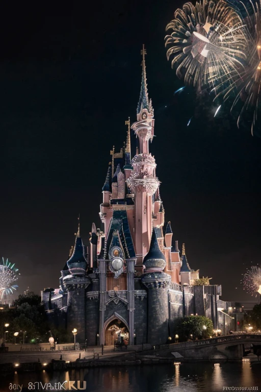 (best quality,4k,8k,highres,masterpiece:1.2),ultra-detailed,(realistic,photorealistic,photo-realistic:1.37),firework,Disney style,Cartoon illustration style,Hand drawn,Vintage tone black background,Disneyland Paris Castle