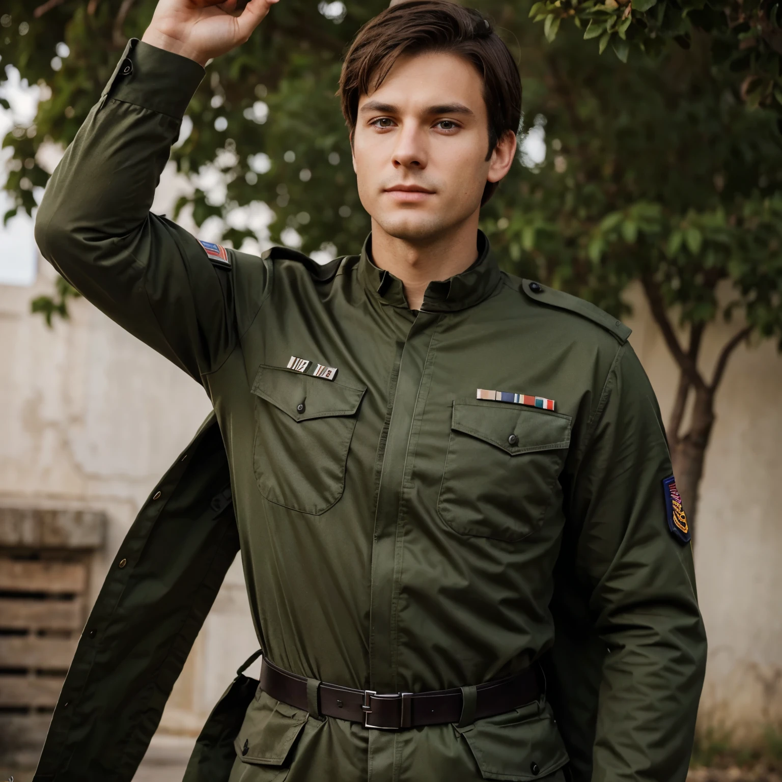 Perfect boyfriend xon military uniform dark brown hair green eyes with a strong personality who transmits peace and a leader is a beautiful and strong man