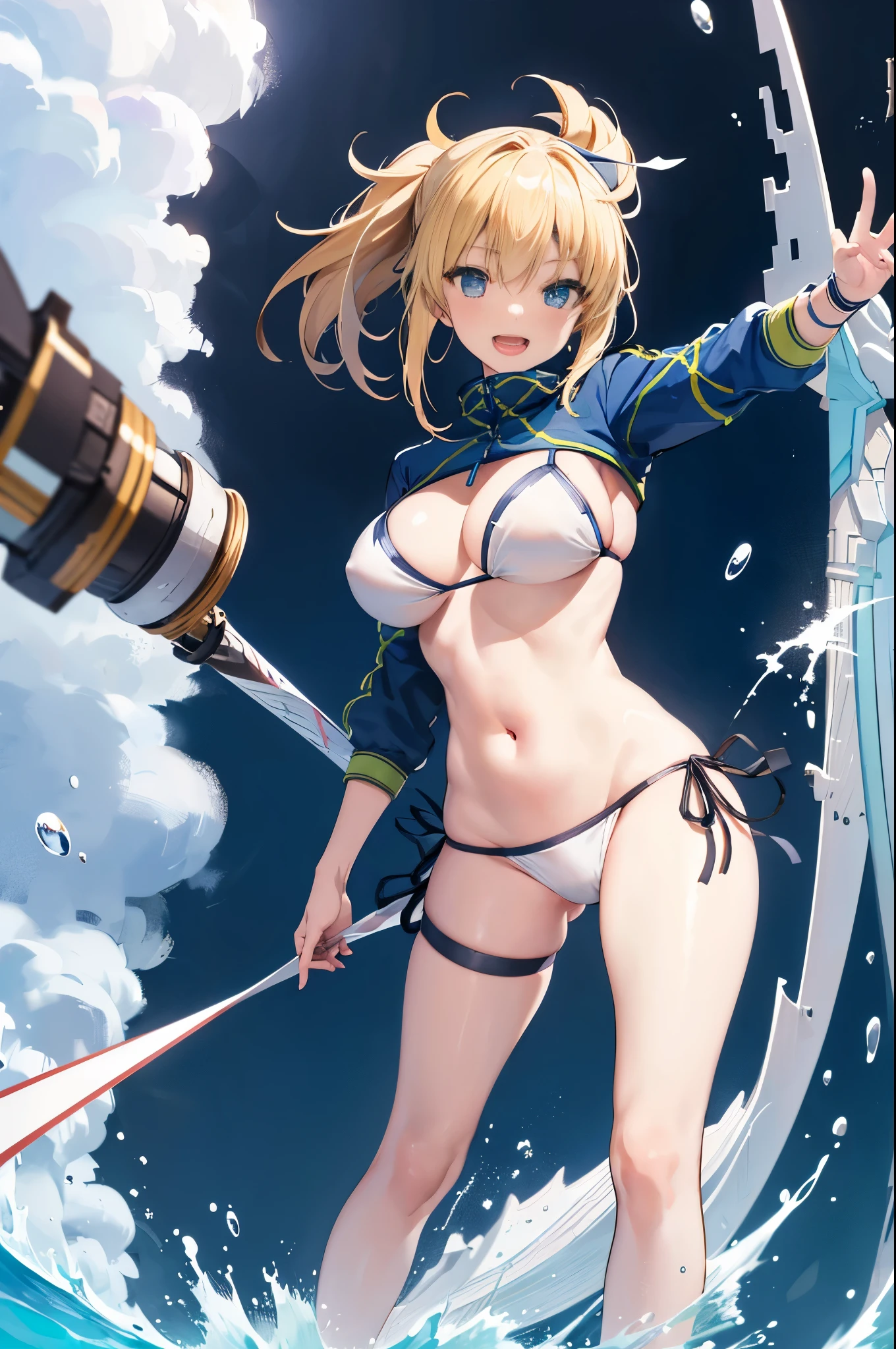 masterpiece,(ultra-detailed),1girl, mysterious heroine xx \(fate\), half_eyes,smile,open mouth, swimsuit, white bikini, side-tie bikini bottom, shrug \(clothing\), jacket,  thigh strap, wristband,  large_breasts, ocean, splashing,blonde_ponytail,open_legs,cap,happiness,standing,