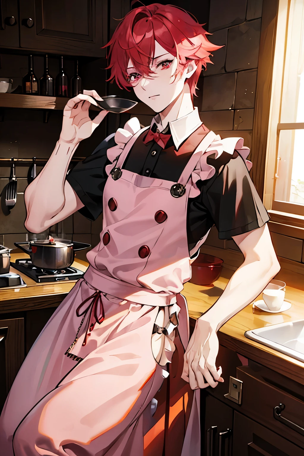 male Red Hair Red eyes steampunk kitchen Apron with pink ruffles Handsome cool pants masterpiece Highest quality Noise Reduction Clear parts Cinematic Shadows Increased eye appeal Clear parts the shine of the eyes Draw eyelashes neatly Perfect Eye Detailed eyes Sharpen the image quality Sharpen the eye lines Clear parts eye shape