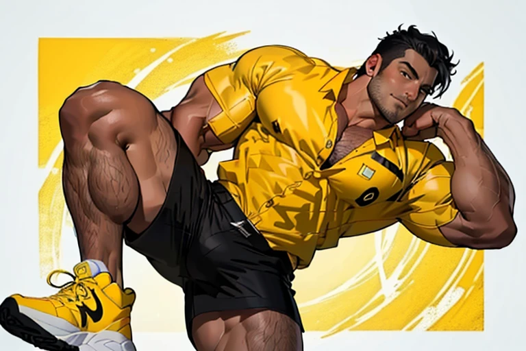 ((muscular man)) ((naked torso)) ((short black shorts)) ((muscular legs)) ((muscular arms)) ((black tattoos on arms)) ((muscles)) ((black hair)) ((stubble on the face)) ((hairy body)) ((yellow sneakers)) ((drawing details)) ((drawing the face)) ((high quality)) ((masterpiece)) ((high-quality detailing)) ((perfect face)) ((yellow unbuttoned shirt))