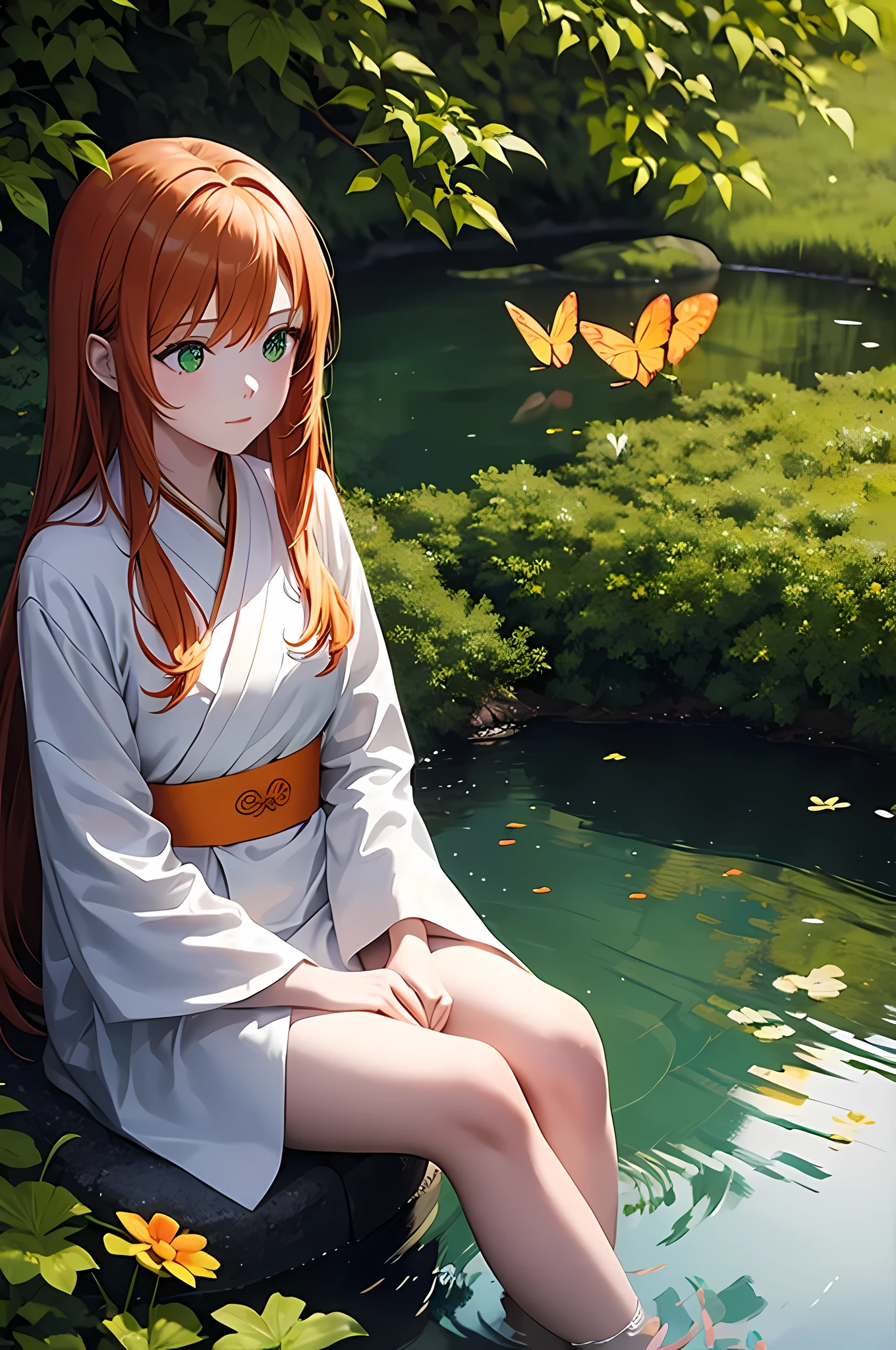 1 girl, long light ginger hair, green eyes, wearing a cream orange hanfu dress, sitting on a rock, pond, looking at a butterfly