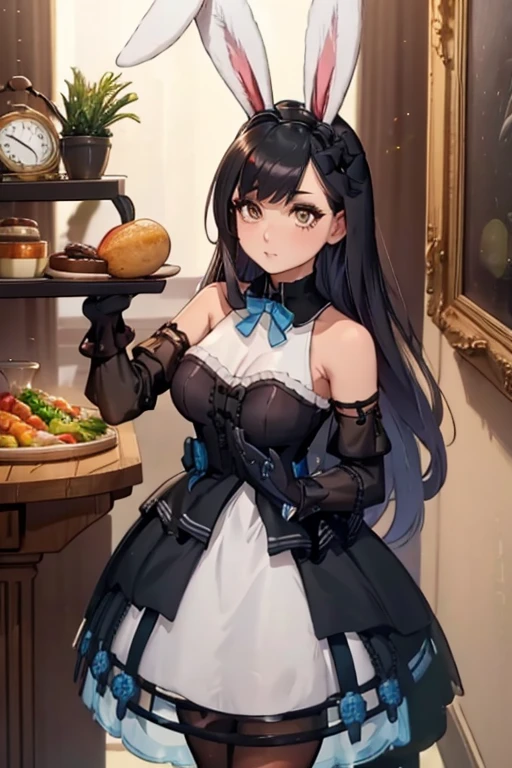 A black haired woman with brown eyes with an hourglass figure with black bunny ears in a cute lolita is making dinner