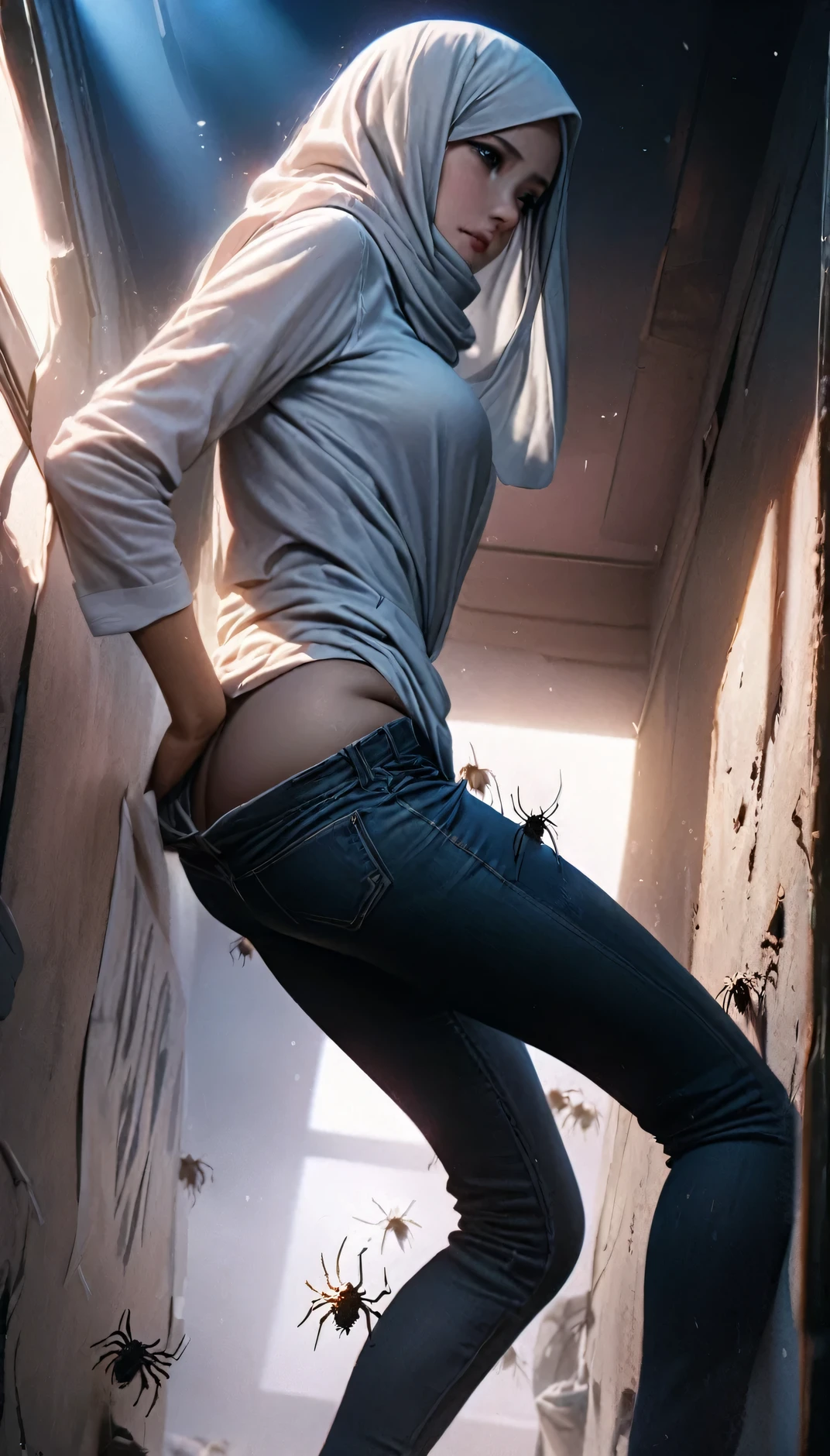 A woman trapped in the dirty room, her body covered by spiders, wearing hijab, white shirt, pull down her sagging jeans, beautiful face, detail, photorealistic, 8K. High quality, ultra detail, cinematic color, dramatic lighting, midnight, panties accidentally exposed