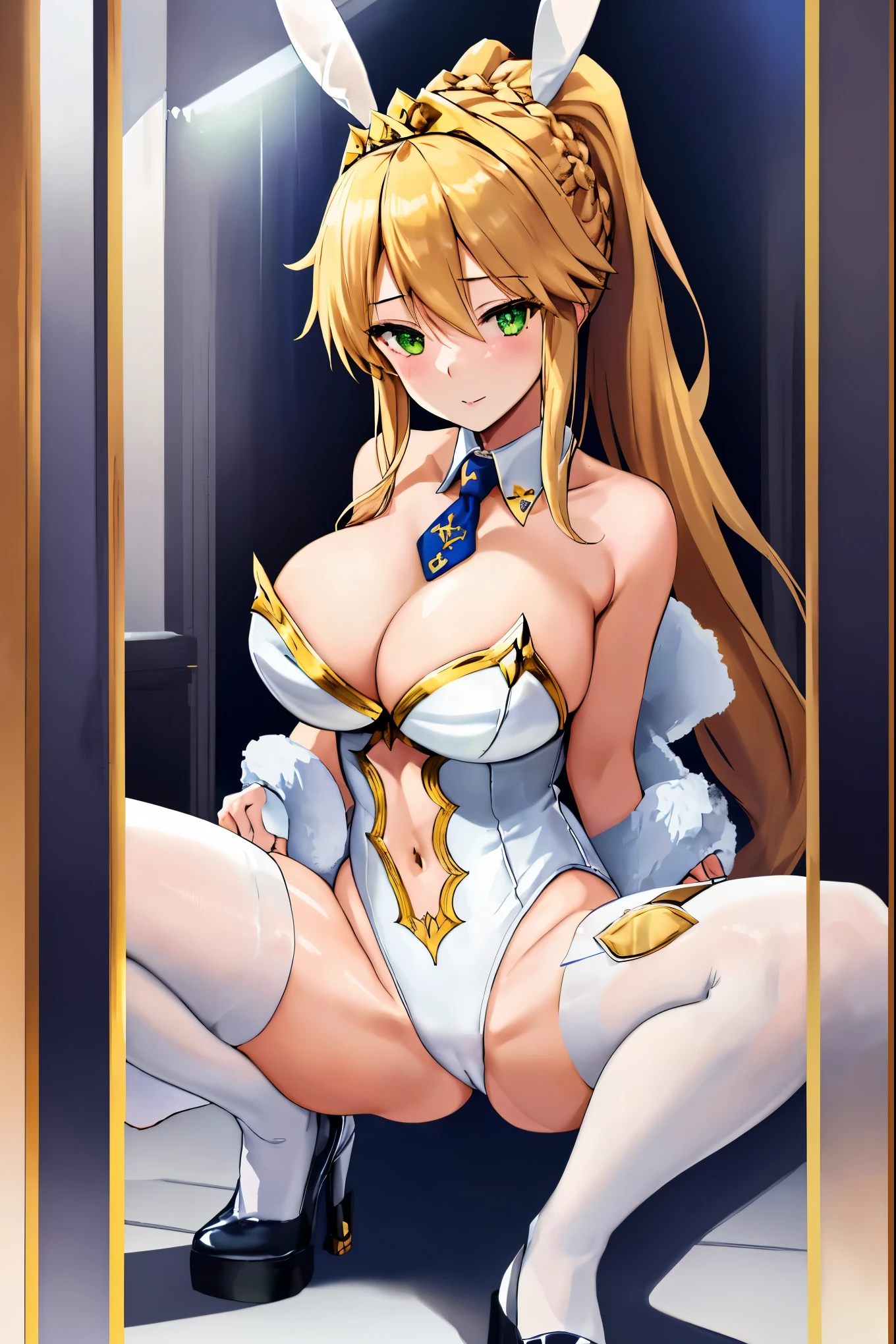 masterpiece, best quality, absurdres, looking at viewer, (light_smile:0.6),
1girl, ahoge, rabbit ears, playboy bunny, artoria pendragon \(swimsuit ruler\) \(fate\), large breasts , blonde hair, green eyes, french braid, pony tail
bare shoulders, large breasts , cleavage,
clothing cut out, wrist cuffs, detached collar, cutout, feather boa,
white leotard, blue necktie, blue pantyhose, single thigh strap, hands_above_head,(squat:1.3),(spread_legs:1.3),rabbit_pose,solo,stretch_fingertips