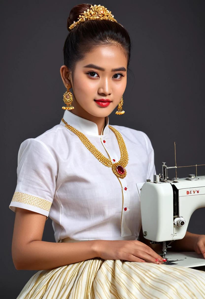 8k resolution , high quality photo, close up at viewer, focus mode , hyper realistic , A beautiful young girl , full body, wearing myanmar traditional long skirt, sewing with sewing machine, Details: Facial features: The girl's face is radiant and youthful, with delicate features and captivating eyes that sparkle with warmth and intelligence. Her hair is long and styled in a messy bun adorned with fresh rose and secured with a gold pin, adding a touch of elegance and whimsy, she wears ivory shirt with round neck, dew drop earrings and gold necklace with ruby  heart pendant.