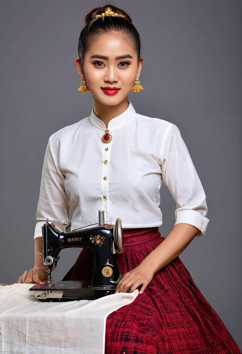 8k resolution , high quality photo, close up at viewer, focus mode , hyper realistic , A beautiful young girl , full body, wearing myanmar traditional long skirt, sewing with sewing machine, Details: Facial features: The girl's face is radiant and youthful, with delicate features and captivating eyes that sparkle with warmth and intelligence. Her hair is long and styled in a messy bun adorned with fresh rose and secured with a gold pin, adding a touch of elegance and whimsy, she wears ivory shirt with round neck, dew drop earrings and gold necklace with ruby heart pendant.
