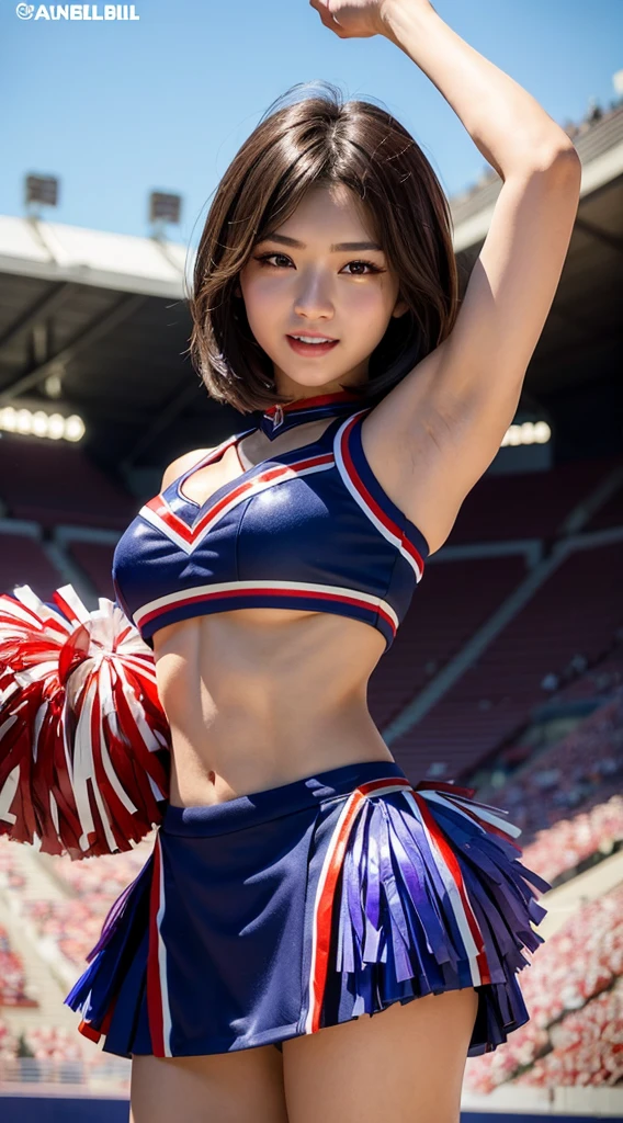 ((Top quality、8k、Photographic Realism:1.4、masterpiece))、Backlighting、Highly detailed female face texture、 A lovely Japanese woman、18 years old、(((Bull cheerleader:1.2)))、((Stadium Background:1.2))、Raise your arms、Angle shot from below、Super fine skin、beautiful makeup、Delicate eyes、a smile、Open your mouth、(Big and round breasts)#100: Glossy Brown Messy Short Hairstyle、Sculpting pose、
