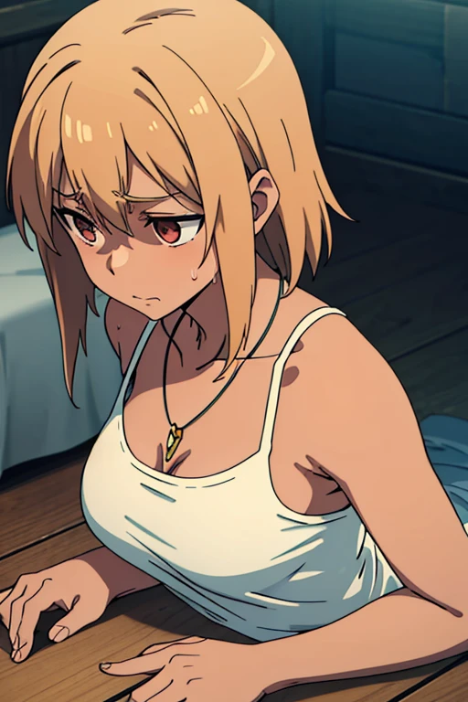 Little sister, cute bra, 8K, Best quality, , smile, looking at camera, red cheeks, embarrassed, delicate hands, love hotel, love brother, holding crotch with hand, eyes closed, clenching teeth, clear liquid leaking from crotch, blonde, gal, glaring