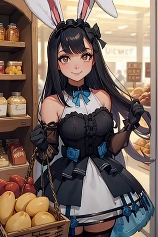 A black haired woman with brown eyes with an hourglass figure with black bunny ears in a cute lolita is shopping at the market with a smile