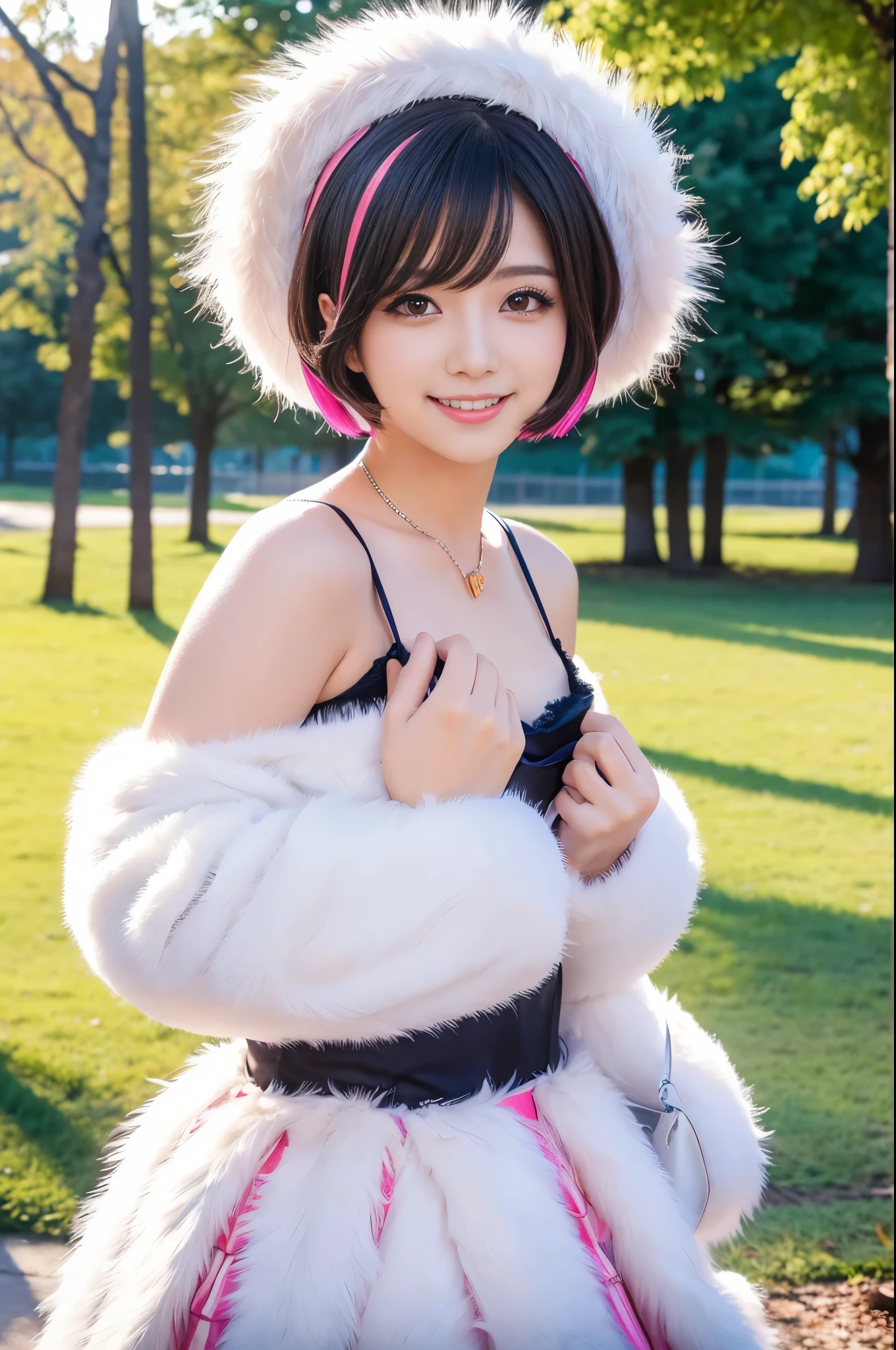 beautiful sexy idol, (-anime), only 1 idol, very short hair, beautiful smile, lipgloss, long lashes, defined eyebrows, detailed anime cosplay, fluffy fur outfit, cosplay accessoires, small headpiece, vivid colors, look at the camera, photo shoot pose, cinematic light, large park background with trees