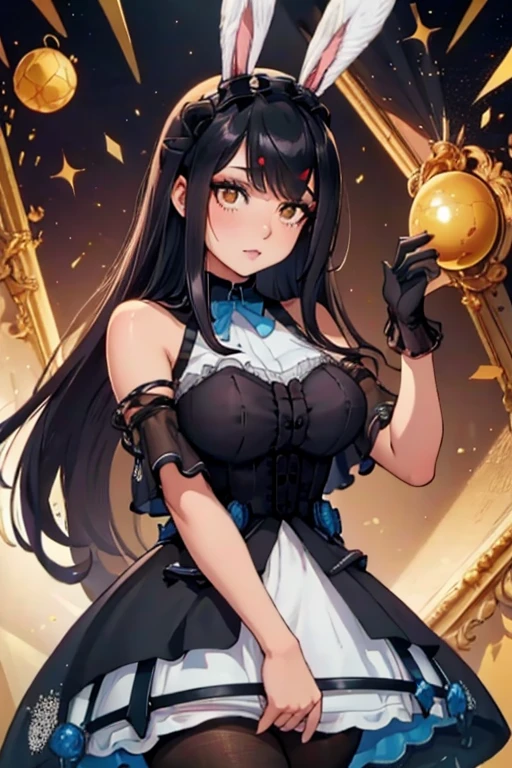 A black haired woman with brown eyes with an hourglass figure with black bunny ears in a cute lolita is playing with a golden ball of energy