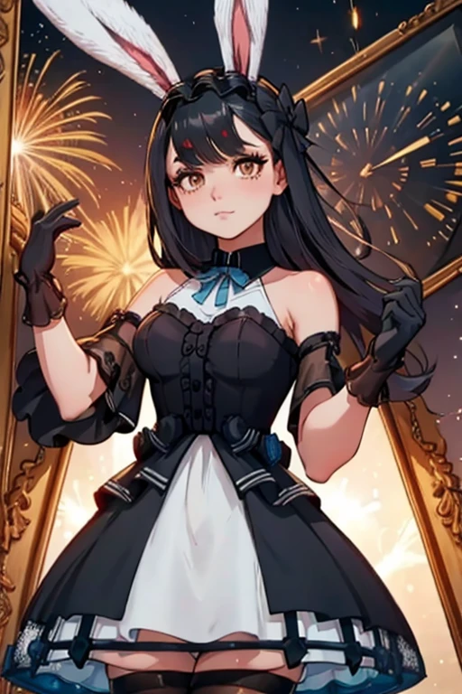 A black haired woman with brown eyes with an hourglass figure with black bunny ears in a cute ****ta is watching fireworks