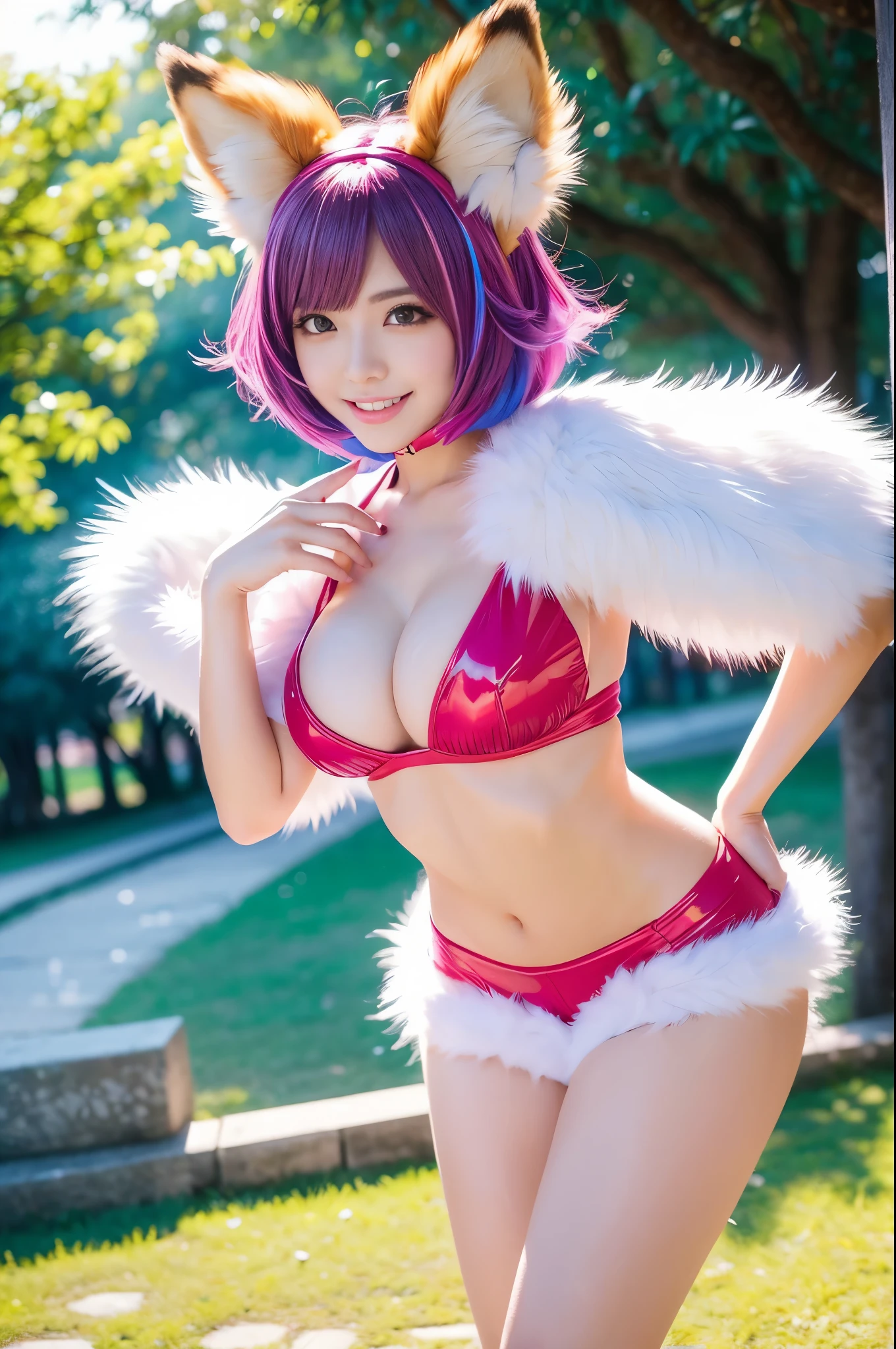 ultra sexy female, (-anime), only 1 female, very short hair, beautiful smile, lipgloss, long lashes, defined eyebrows, detailed fox anime cosplay, fluffy fur vivid colors outfit, cosplay accessoires, fox ears, vivid colors, look at the camera, cinematic light, large park background with trees, sweet and sexy pose