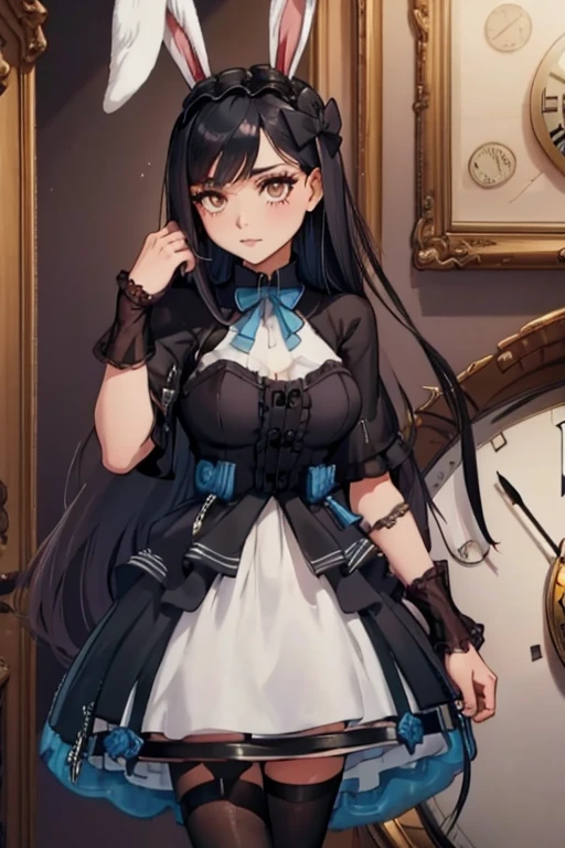 A black haired woman with brown eyes with an hourglass figure with black bunny ears in a cute ****ta is holding a pocket watch