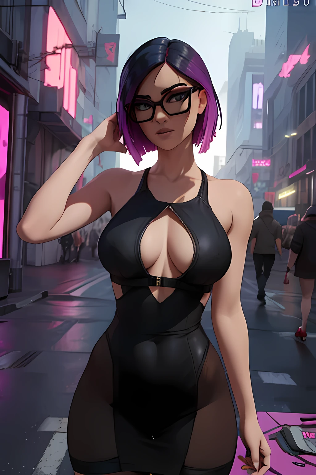 Traje de lino Cyberpunk, Noche , ropa de terciopelo sexy negra Extremadamente detallado, rostro detallado, gafas ,hermoso rostro, ojos finos, mirando al espectador, pose femenino.