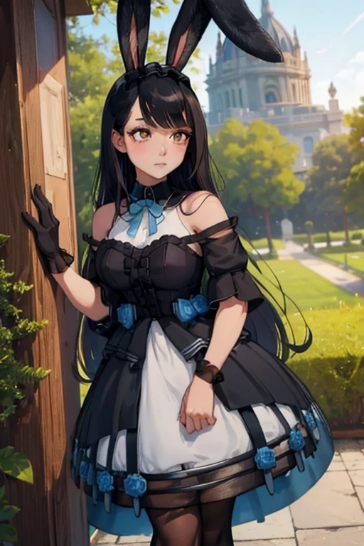 A black haired woman with brown eyes with an hourglass figure with black bunny ears in a cute ****ta is leaning against a tree