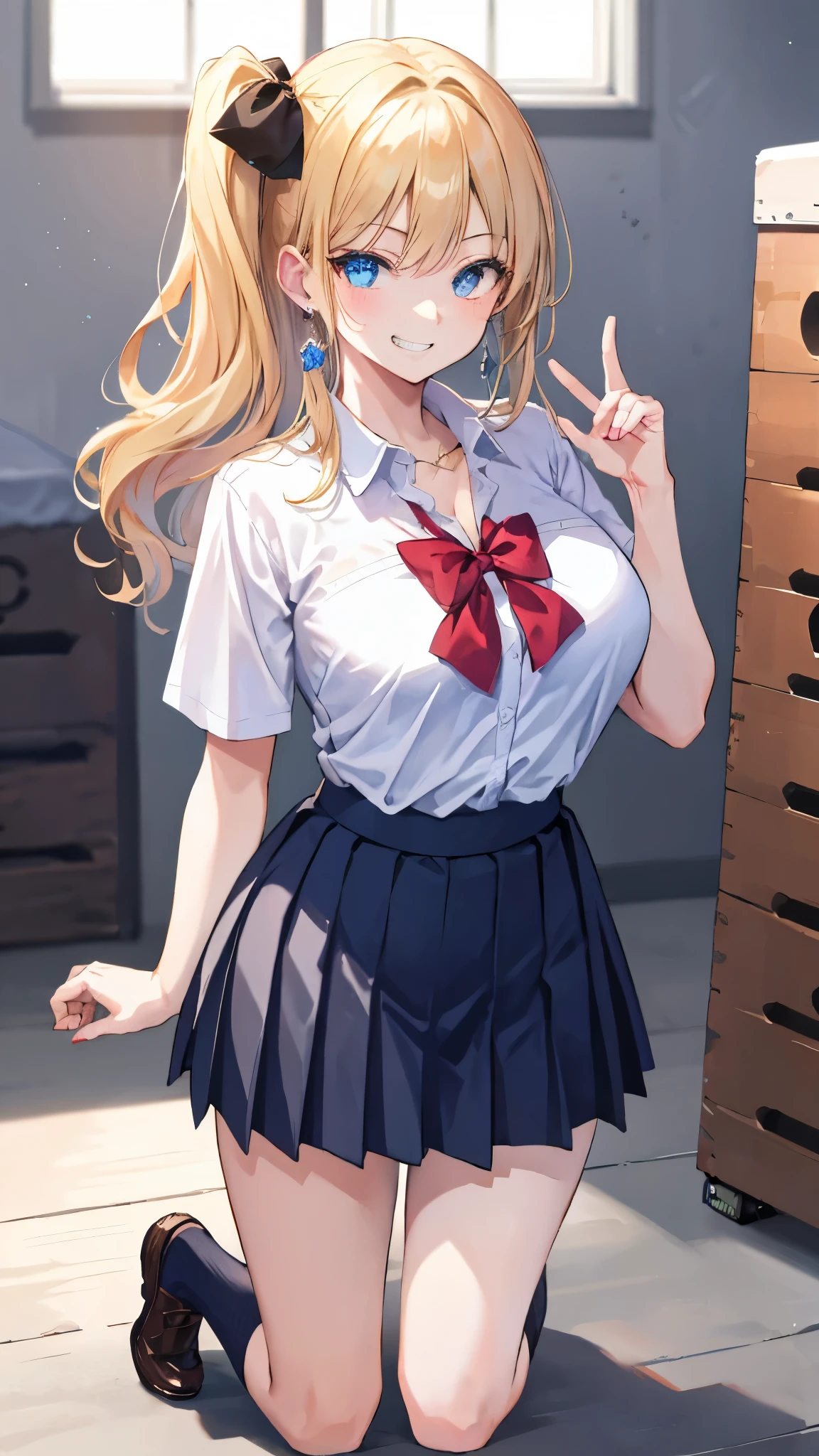 (masterpiece、highest quality、Super detailed)、One girl、gyaru、Blonde、side ponytail、Blue eyes、evil smile、((Grin))、Earrings、big breasts、((White shirt))、Short sleeve、((Black pleated skirt))、kneeling、Gym storeroom