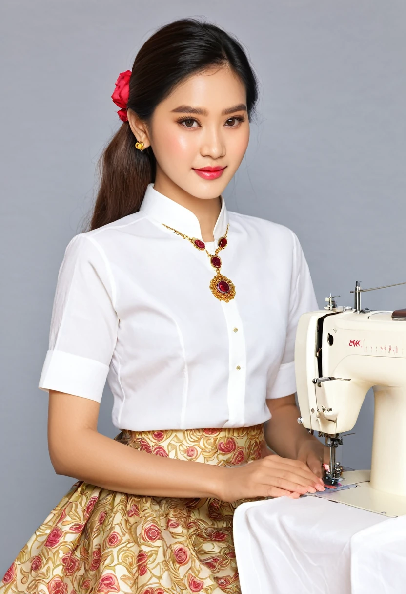 8k resolution , high quality photo, close up at viewer, focus mode , hyper realistic , A beautiful young girl , sewing with sewing machine, Details: Facial features: The girl's face is radiant and youthful, with delicate features and captivating eyes that sparkle with warmth and intelligence. Her hair is long hair adorned with fresh rose , adding a touch of elegance and whimsy, she wears ivory shirt with round neck, traditional myanmar skirt, dew drop earrings and gold necklace with ruby pendant