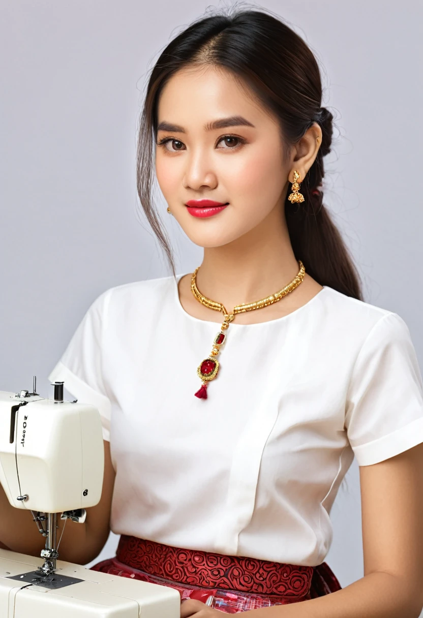 8k resolution , high quality photo, close up at viewer, focus mode , hyper realistic , A beautiful young girl , sewing with sewing machine, Details: Facial features: The girl's face is radiant and youthful, with delicate features and captivating eyes that sparkle with warmth and intelligence. Her hair is long hair adorned with fresh rose , adding a touch of elegance and whimsy, she wears ivory shirt with round neck, traditional myanmar skirt, dew drop earrings and gold necklace with ruby pendant