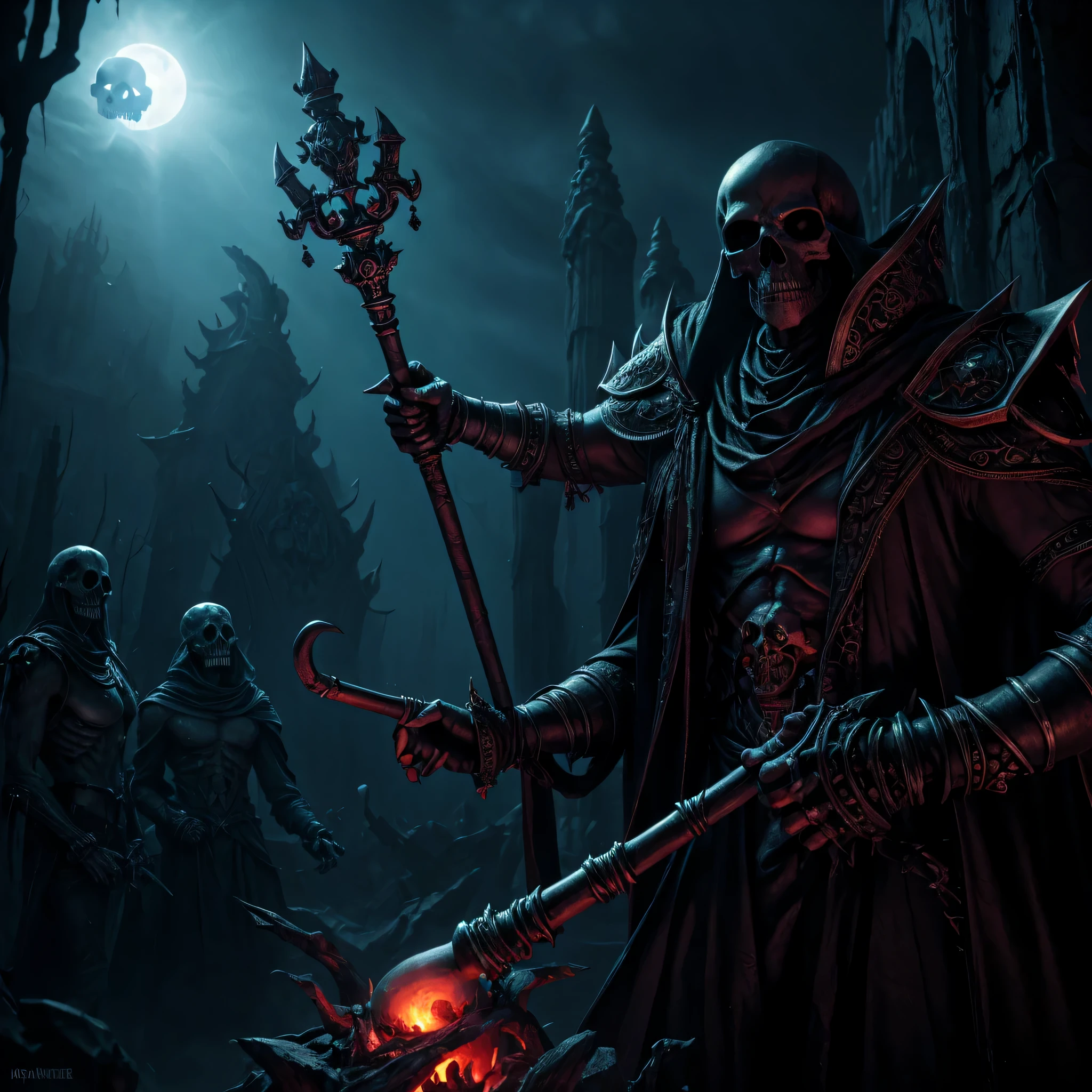 perfect anatomy, masterpiece:1.4, best highres, 16k, The Skull King, floating in the abyss, is surrounded by his loyal and frightful undead servants. The Skull King has an imposing skeletal structure with intricate details, including sharp teeth and intricate patterns carved into his skull. His eye sockets glow with a menacing red light, and his bony fingers are adorned with ancient rings. The Skull King holds a jeweled scepter in one hand, symbolizing his authority over the underworld. The undead servants, with decayed flesh and tattered garments, stand in various poses, displaying their unwavering loyalty to their king. The abyss is a vast, dark void with a hint of purple and blue hues, creating an eerie and mysterious atmosphere. The only source of light comes from the glowing eyes of the Skull King and the faint glow of ethereal orbs hovering around him. The scene is depicted with the utmost attention to detail, capturing the realism of bones, textures, and shadows. The artwork exudes a sense of dread and power, showcasing the Skull King's dominance over his realm.