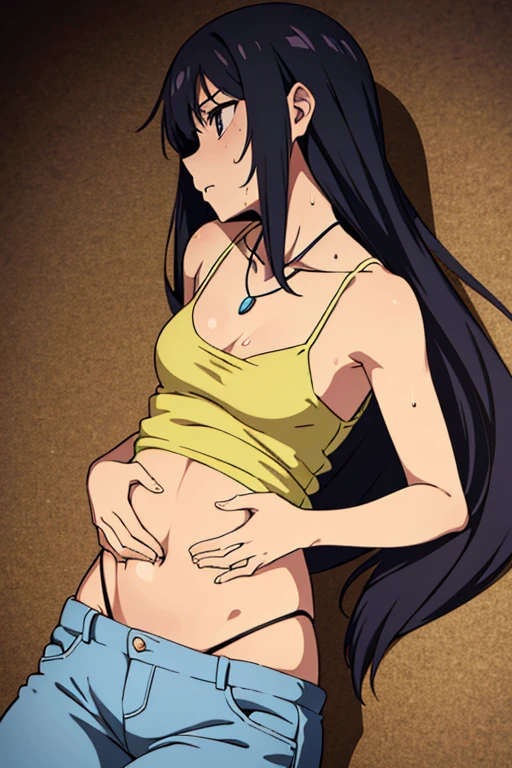 tan skinned anime woman wearing a cami top and jeans, famished in hunger, (necklace), (gently resting hands on stomach), (sweating), (lying down), (long hair)
