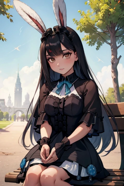 A black haired woman with brown eyes with an hourglass figure with black bunny ears in a cute lolita is sitting on a park bench