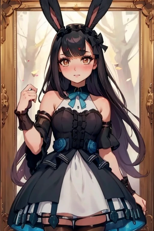 A black haired woman with brown eyes with an hourglass figure with black bunny ears in a cute ta is blushing in the forest