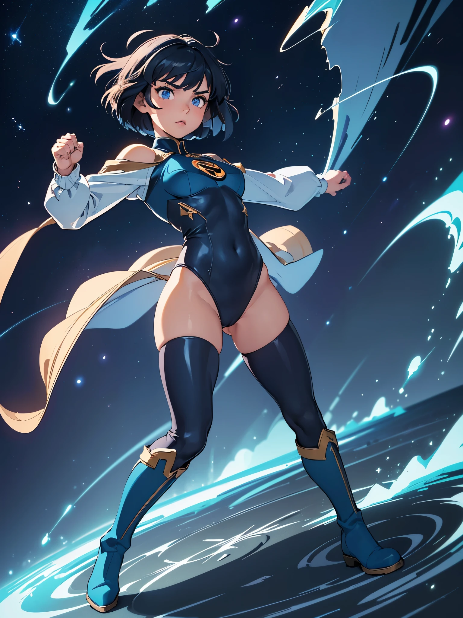 masterpiece, best quality, 1girl, superhero, ((leotard, dark blue leotard)), long sleeves, bare legs, boots, dark blue boots, matching boots, medium breasts, diffraction spikes, light particles, standing, standing straight, dark blue hair, ((short hair, bob hair)), blue eyes, beautiful detailed eyes, beautiful detailed face, cute face, perfect hands, complete fingers, perfect anatomy, perfect proportions, heroic, ((star symbol on the chest)), serious, full body with costume, full body, cowboy shot, ((raised arms, she spins at an incredible speed, creating a whirlwind of air around her, cyclone spinning, spiral lines, spinning energy pulse around))