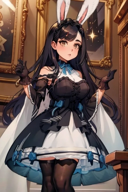 A black haired woman with brown eyes with an hourglass figure with black bunny ears in a cute lolita is looking cute in a library