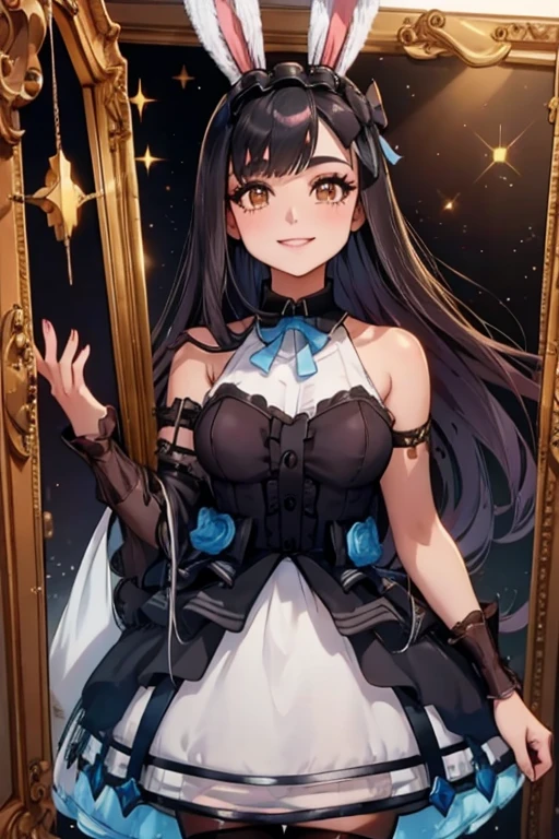 A black haired woman with brown eyes with an hourglass figure with black bunny ears in a cute lolita is smiling in a flurry of sparkles