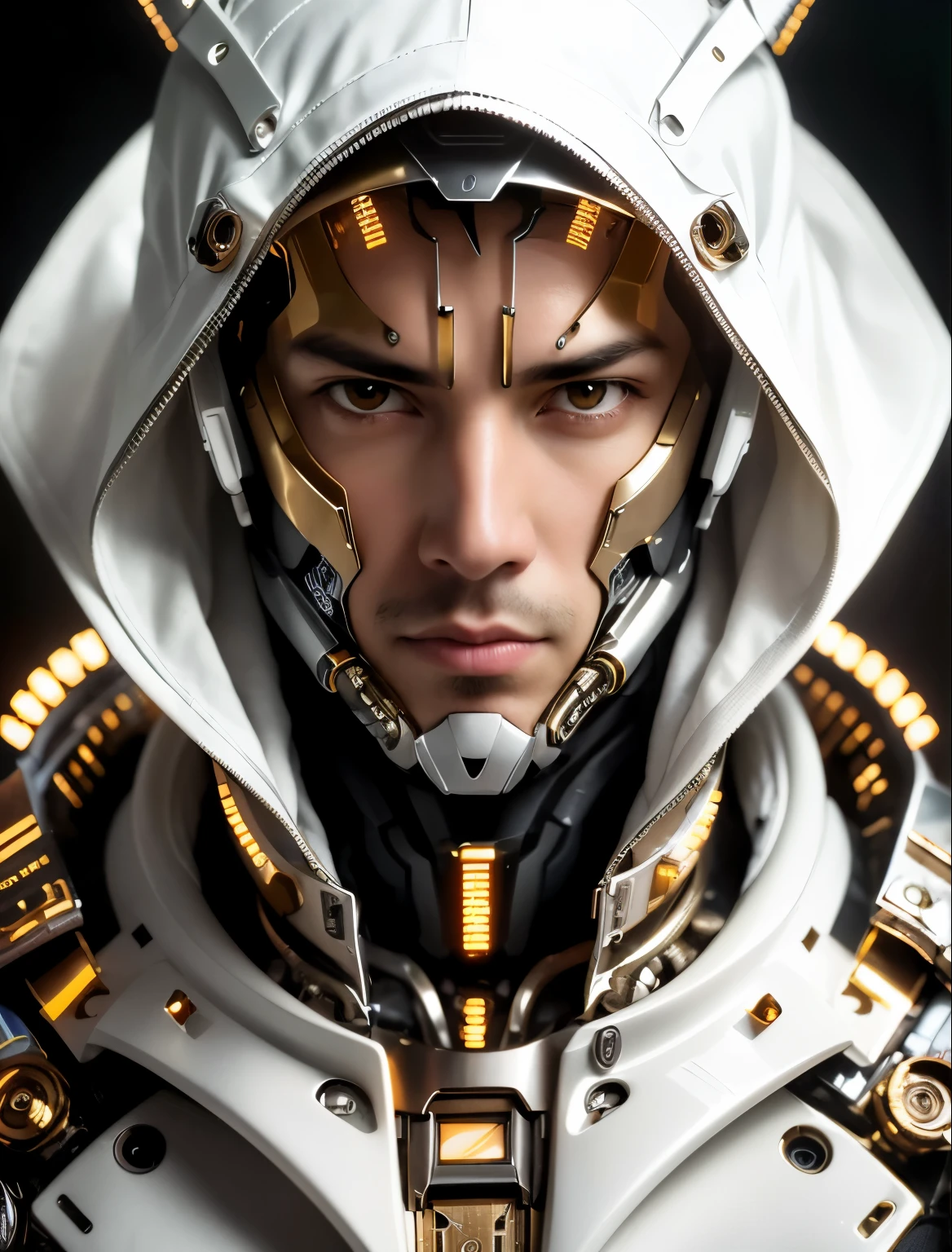 Hombre arafed con una armadura blanca y dorada y una capucha., detailed retrato de un cyborg, close-up retrato de cyborg, retrato de un robot futurista, cyborg masculino military commander, science fiction attractive face, retrato de cyborg, retrato de un cyborg, cyborg portrait, retrato de un cyborg ciberpunk, cyborg masculino, en armadura futurista blanca