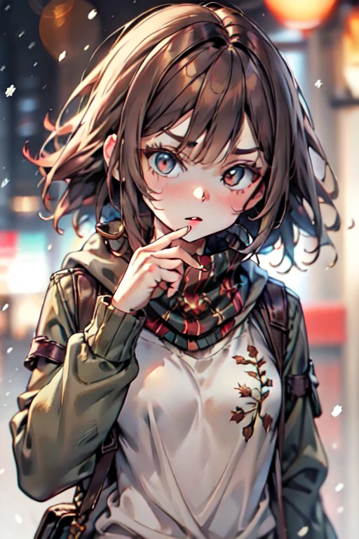 (brown hair:1.25),(brown eyes:1.25),(braided short hair:1.3),(With bangs),(blush:1.3),(long coat for winter:1.4),(skirt with long hem:1.4),(gloves:1.4),(Scarf:1.4),(station platform:1.35),(close up of face:1.25),(I'm looking cold:1.35),