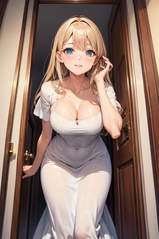((8 foot tall girlfriend)) perspective looking up from below, masterpiece, high definition, touching doorframe