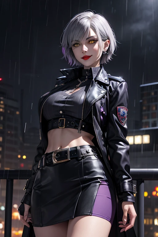 Beautiful police vampire, short hair like Lady from Devil May Cry, yellow eyes with punk style makeup, purple lipstick, wearing a gray blouse and tight skirt, with punk style jacket, police badge on her belt, showing her defined abdomen, charming smile, in night city with gentle rain
